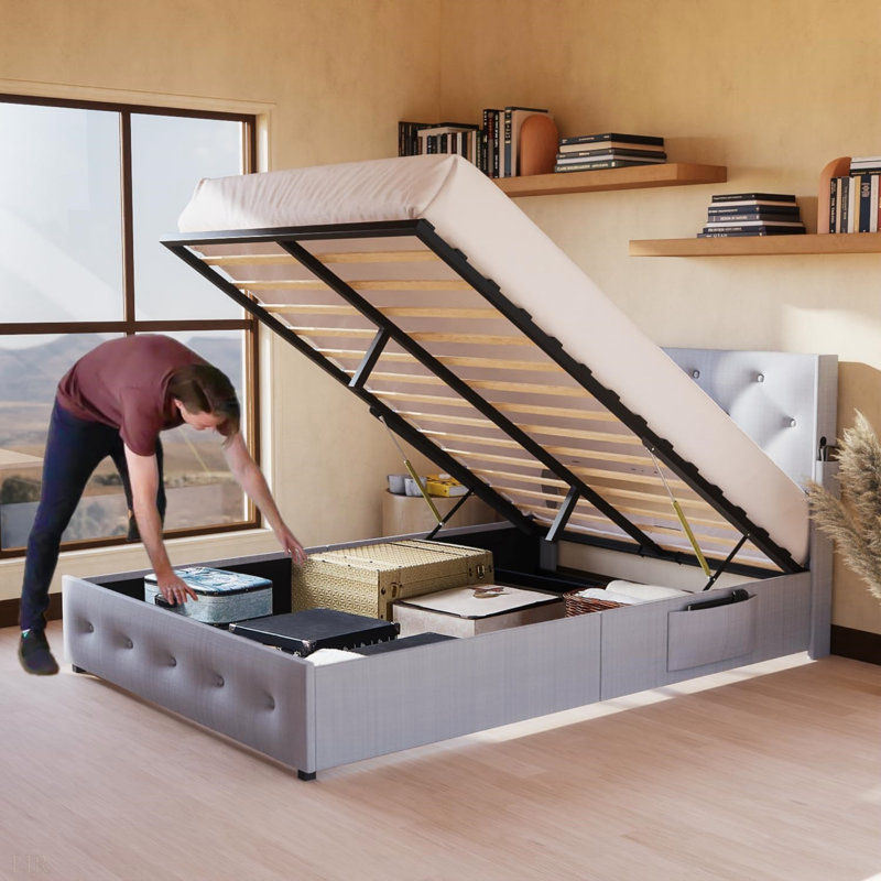 Queen Size Bed Frame With Storage - Lift Up Storage Bed With Modern Wingback Headboard, USB Ports, Bed Frame, Maximized Storage And Space Efficiency