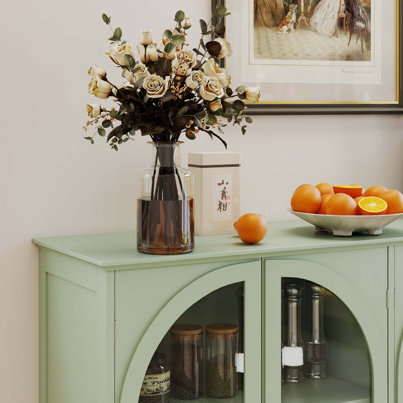 Buffet moderne en verre arqué avec tablettes réglables et rangement polyvalent, Vert