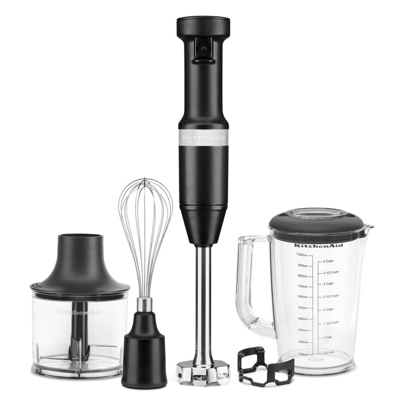 KitchenAid Variable Speed Hand Immersion Blender with 8” Removable Arm, Whisk, Chopper & Blending Jar in Aqua, Black Matte