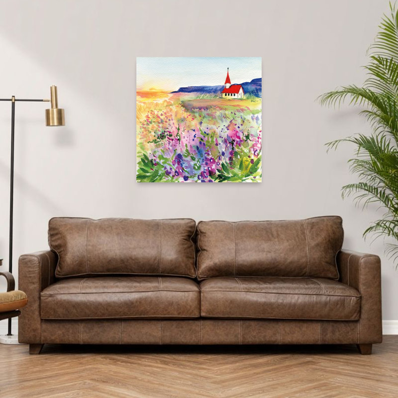 Petite montagne, église, paysage contemporain abstrait, impression d'art mural, 36" H x 36" W