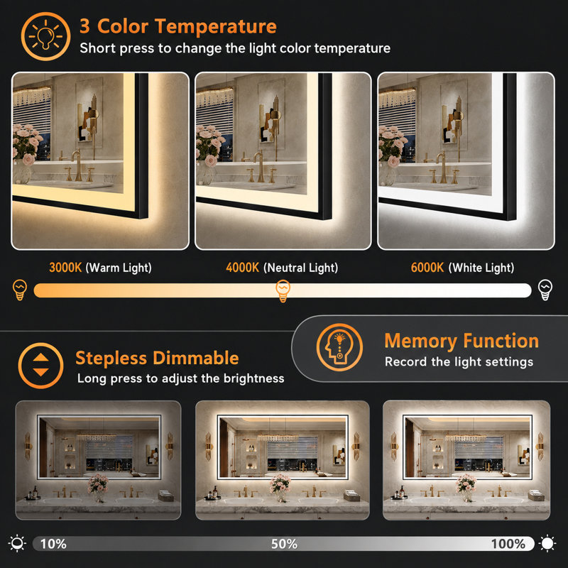  Lunara UL Certified Metal Framed Front Light & Backlit Memory LED Light Bathroom Vanity Mirror with 3 Year Warranty