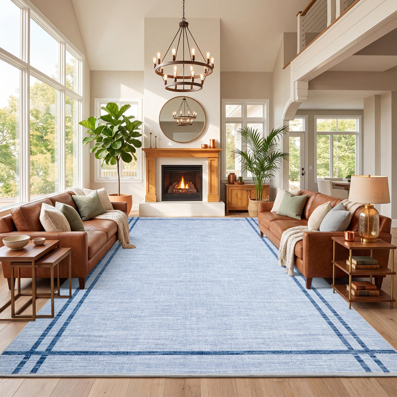 Tapis neutre lavable surdimensionné 9 pi x 12 pi avec envers TPR antidérapant pour salon de bureau, Blue