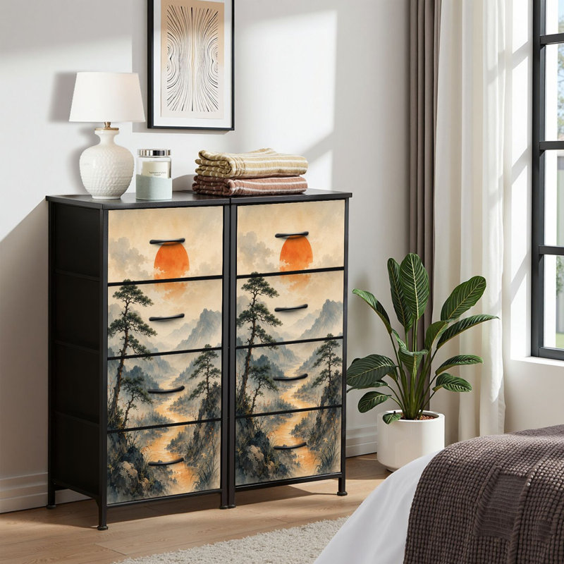 Commode 4 tiroirs pour chambre à coucher, commode étroite, plateau en bois et structure en fer 18 "x 37,5" - (l x H) - avec paysage de montagne serein, soleil rouge, rivière qui coule