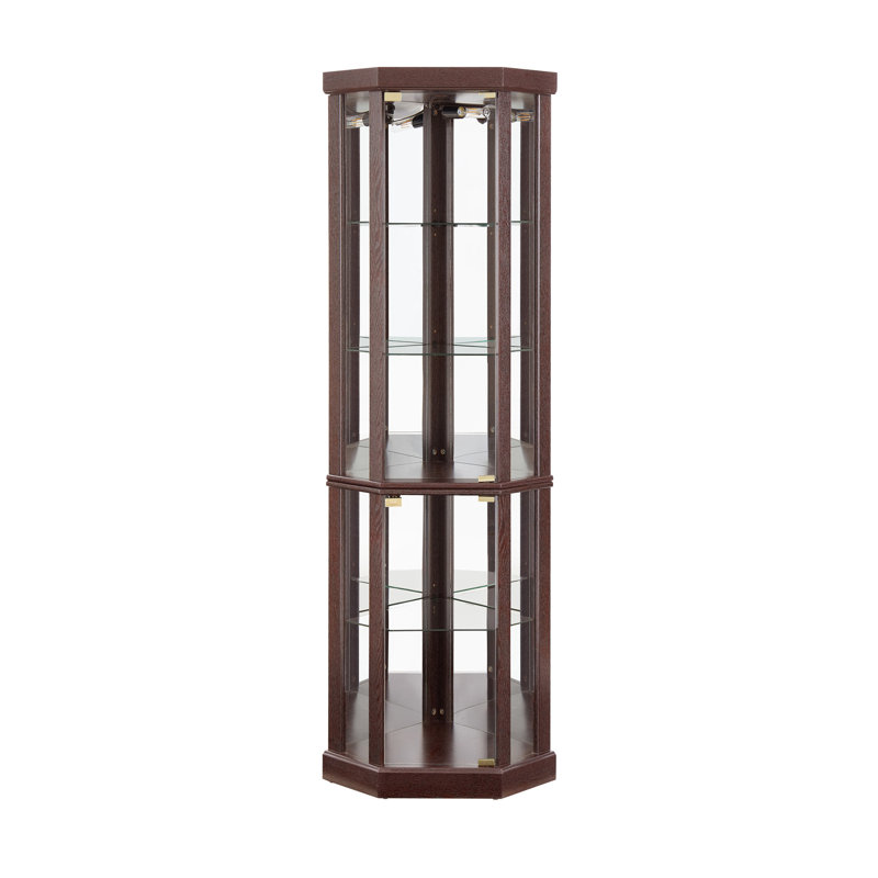 Lighted Corner Curio Cabinet - Elegant Glass Display Case For Living Room & Bar Storage -  For Antique Collections & Wine - Includes Built-In Lighting - Dark Cherry