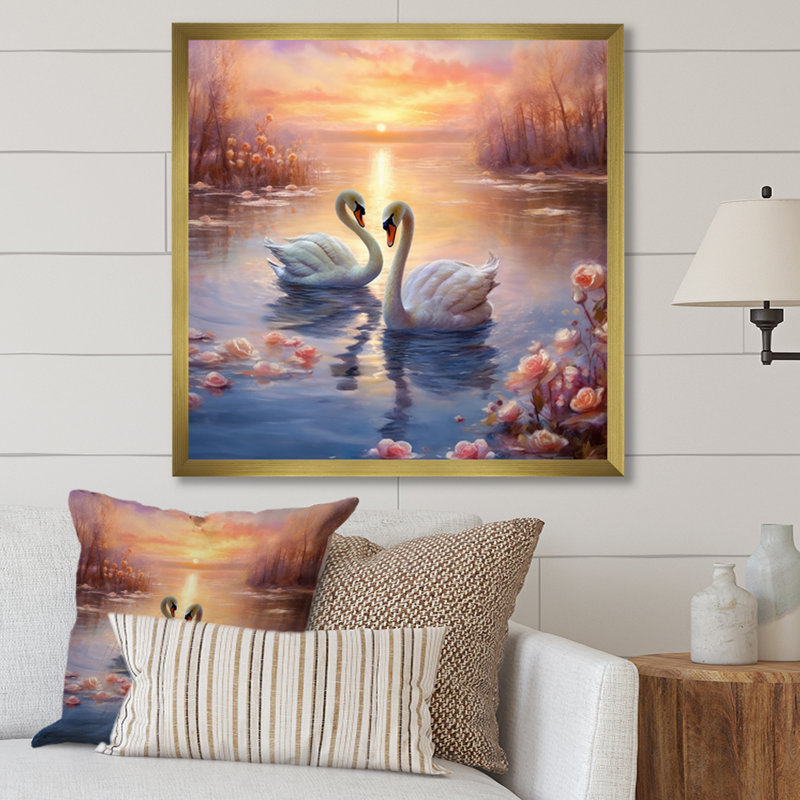 Deux cygnes blancs, coucher de soleil romantique I, Cadre doré simple, H 24 po x l 24 po x P 1 po