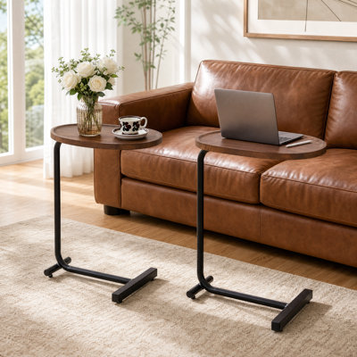 Modern 2-pieces Oval C-Shaped Side Tables with Raised Tray Top and Metal Base