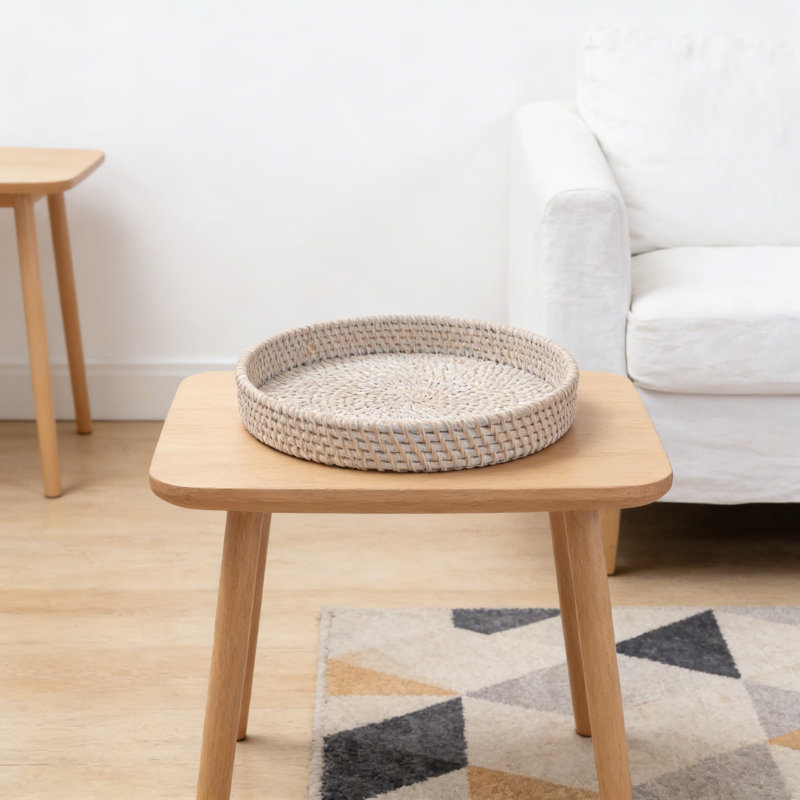 Grand plateau de service rond en rotin avec poignées, panier en osier tissé pour la décoration de la table basse, le salon, la salle à manger et la cuisine