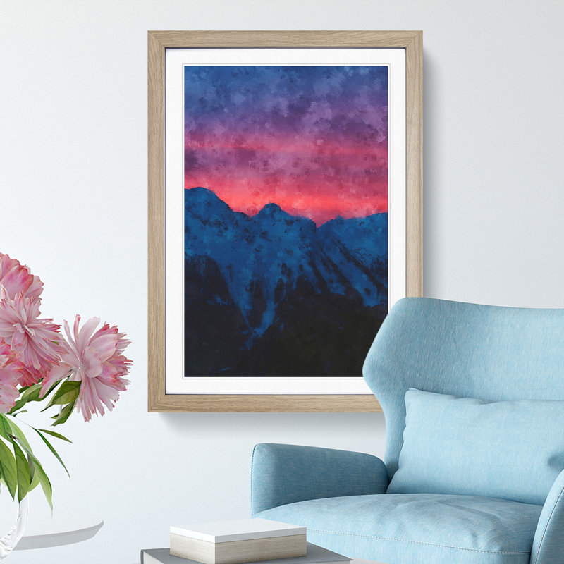 Mountain Sunset in Sion Switzerland - Picture Frame Painting Print, 63cm H x 45cm W x 2cm D, Oak Framed