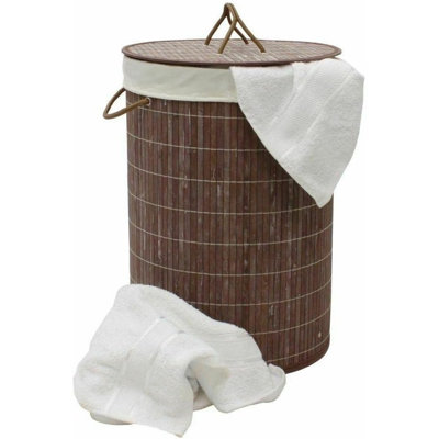MantraRaj Round Bamboo Laundry Bin with Handles and Lid Collapsible Laundry Basket (Brown)
