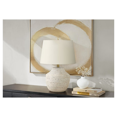 Modern Cream Concrete Table Lamp - 20" Height Ivory Linen Shade with Gold Finial for Living Room & Bedroom Decor