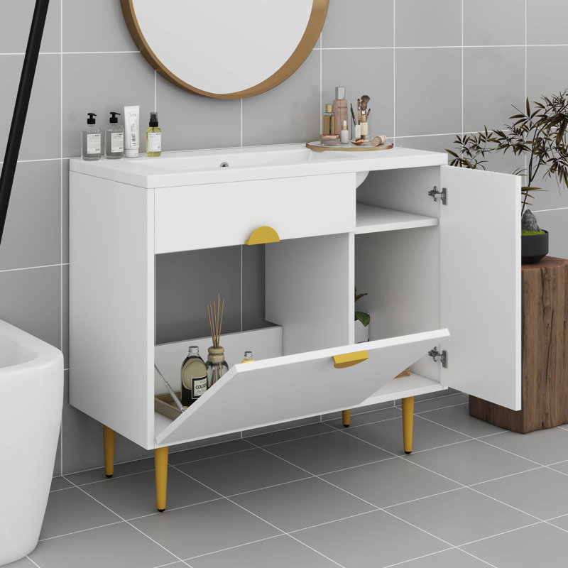 Meuble-lavabo de 36 pouces avec lavabo, meuble-lavabo avec luminaires dorés, armoire de rangement organisée avec porte rainurée à fermeture en douceur
