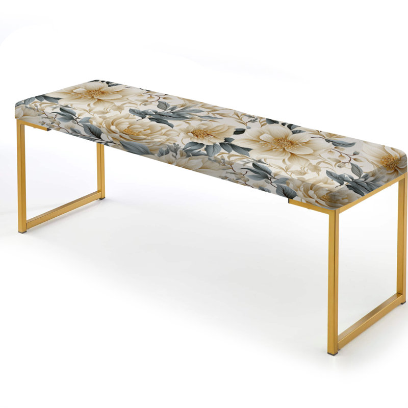 Beige And Grey Flower Serenity Boho Pattern I - Floral Upholstered Gold Bench
