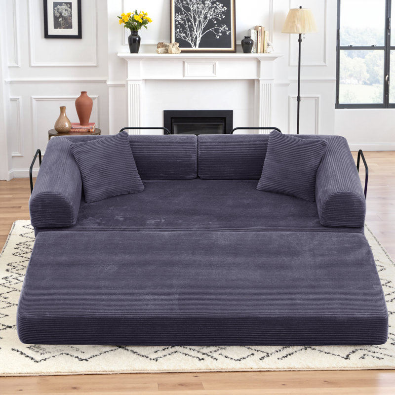 80.7" King-Size Futon Bed Corduroy Convertible Sleeper Sofa Floor Futon Couch With 2 Pillows - No Assembly Required