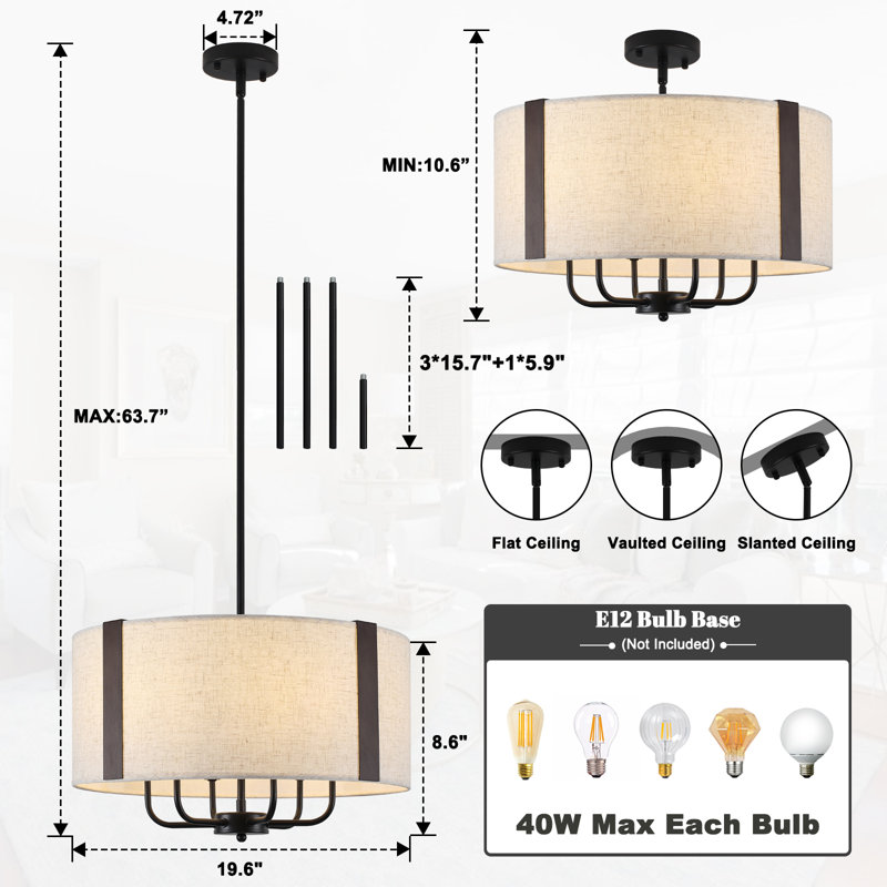 6-Light 20 Inch Farmhouse Dimmable Drum Chandelier Light Fixture With Fabric Shade For Dining Room Kitchen Living Room