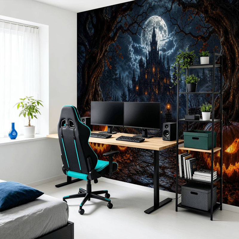Peel and Stick Wallpaper Wall Mural Haunted Gothic Castle O Lanterns Under Full Moon Halloween Night Wall Art Self Adhesive and Removable