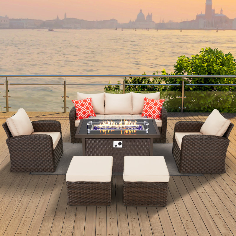 Wicker/Rattan 7 - Person Seating Group with Fire Pit Table, Khaki