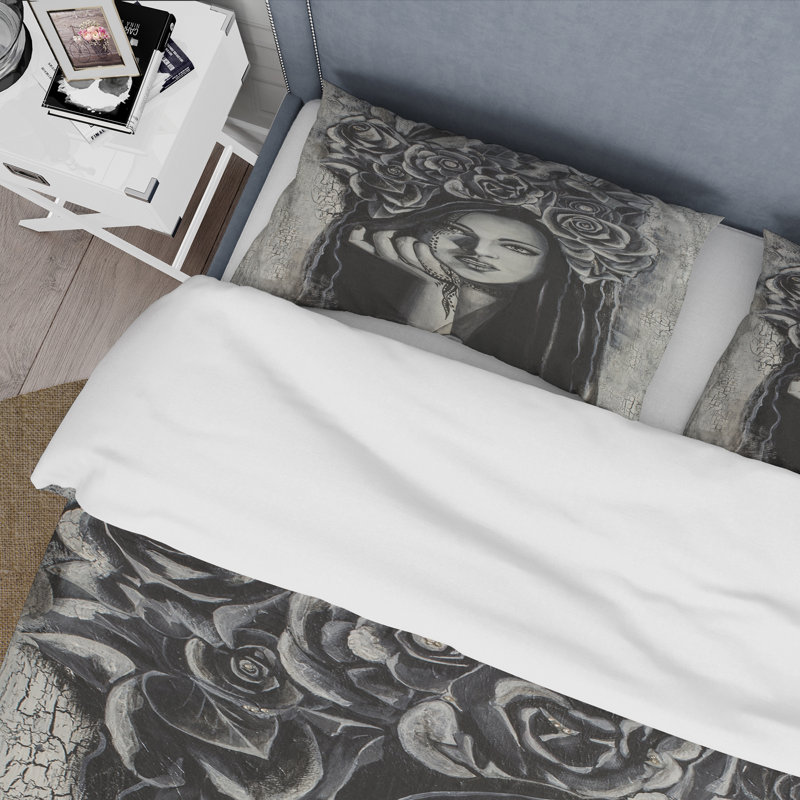 Portrait d'une jeune femme avec fleurs III - ensemble de housse de couette moderne - microfibre de polyester