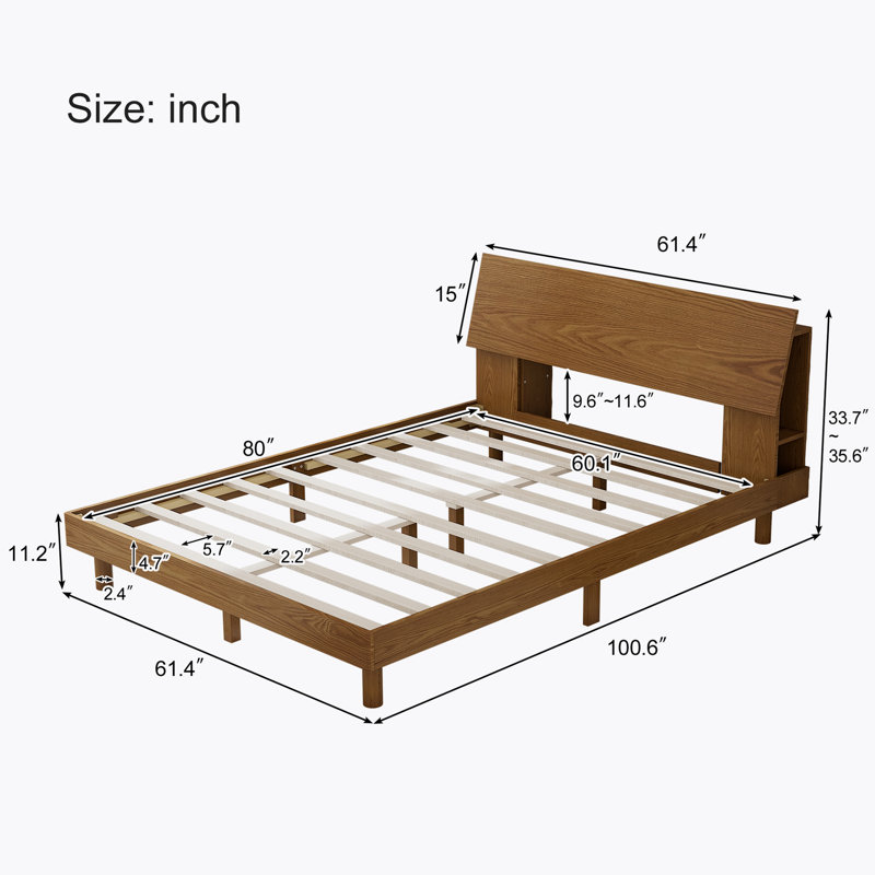 Lit plateforme Mid-Century en bois massif avec bibliothèque et lumières DEL et port USB