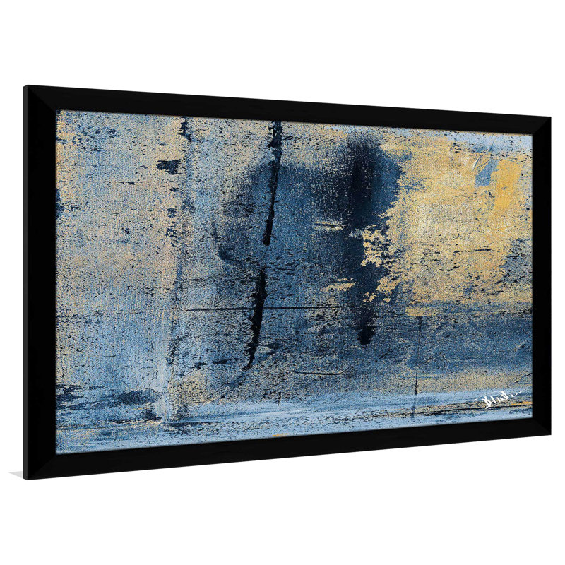 «Gold on Blue Square I» par Patricia Pinto - reproduction de cadre photo, H 21,5 po x l 27,5 po x P 0,75 po, Cadre noir