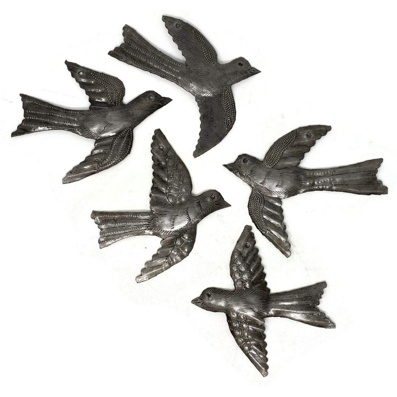 Set Of 5 Small Birds Flying, Decorative Bird, Metal Wall Hanging Ornaments, Haitian Recycled Figurines, Nature Inspired 4 X 5 Inches