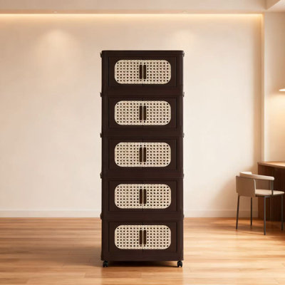 Retro Brown,20" Side Wide Folding Storage Cabinet ,5 Tiers,19.69"×11.81"×50.00",Collapsible Storage Bins With Magnetic Door, Plastic Storage Cabinet With Wheels