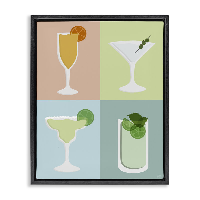 "Pastel Bar Cocktail Floater", art mural par Natalie Carpentieri, Cadre flottant noir de jais, H 21 po x l 17 po