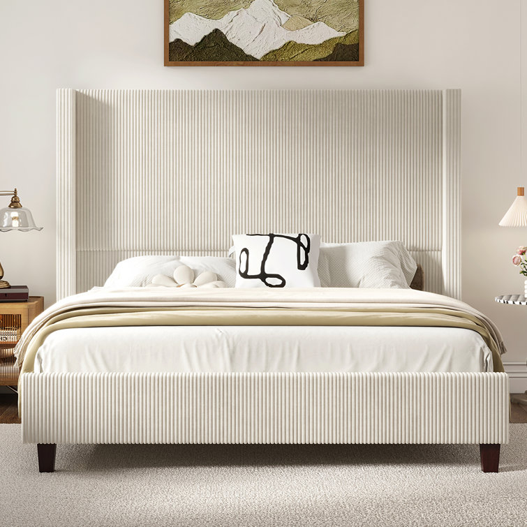 Dunwoody Queen Upholstered Wingback Platform Bed - Beige 