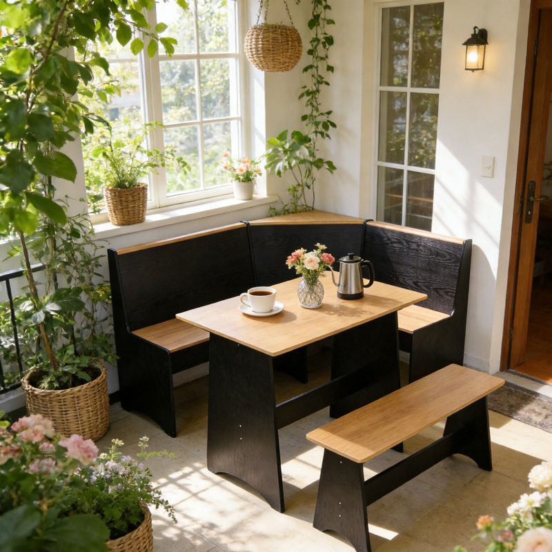Ensemble de salle à manger de coin-repas en forme de L 3 pièces avec rangement caché, ensemble de table de coin et de banc en bois moderne pour petits espaces et cuisine, naturel et noir