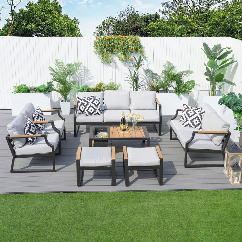 9 - Person Patio Conversation Set with Cushions, Black/Brown