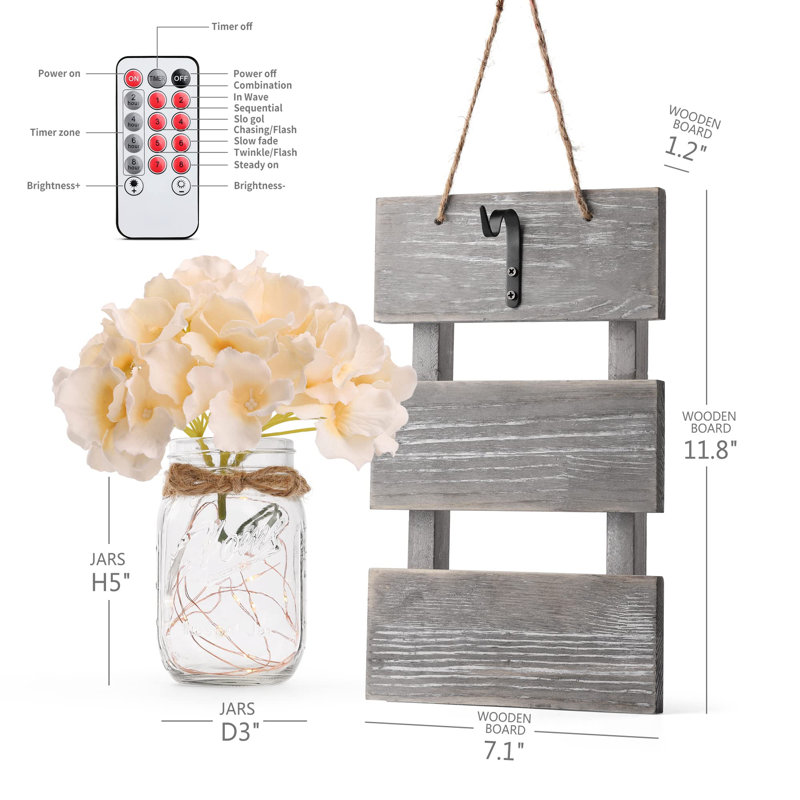 Mason Jar Wall Decor with 6-Hour Timer LED Lights & Flowers - Rustic Home Decor (Set of 2)