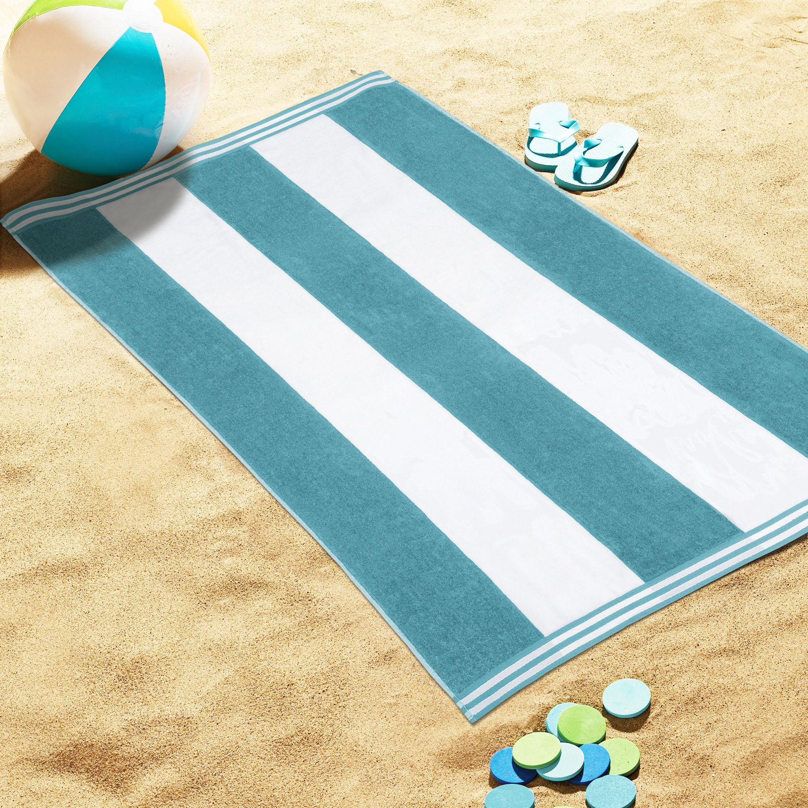 Calheta Cotton Oversized Cabana Stripe Beach Towels, Turquoise, 1