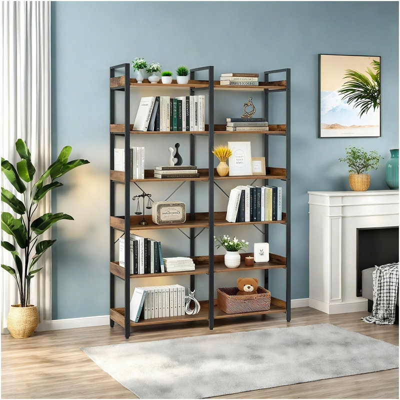 6-Tier Industrial Bookshelf, 67" Wooden Bookshelf With Open Shelves, Freestanding Metal Frame Bookcase For Storage And Display, Modern Book Shelves For Bedroom, Living Room And Home Office, Brown