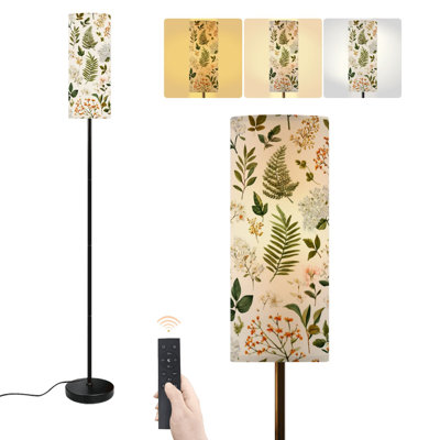 Lampe sur pied vintage à motif floral (feuilles vertes, fleurs sauvages délicates, couleurs aquarelles douces), lampe sur pied moderne à intensité variable avec télécommande et interrupteur au pied, abat-jour haut, lampe d'angle idéale pour le salon, la chambre ou le bureau.