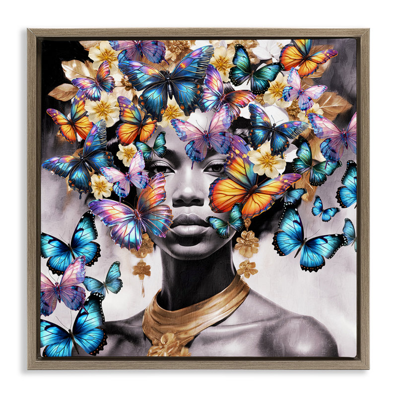 "Butterfly Flight", art mural sur toile brune encadrée, par Kim Allen, H 18 po x l 18 po, Cadre flottant orme Montalcino