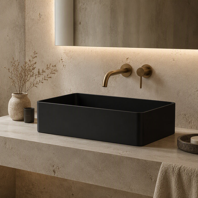 19.68'' Concrete Vessel Rectangular Modern Black Bathroom Sink