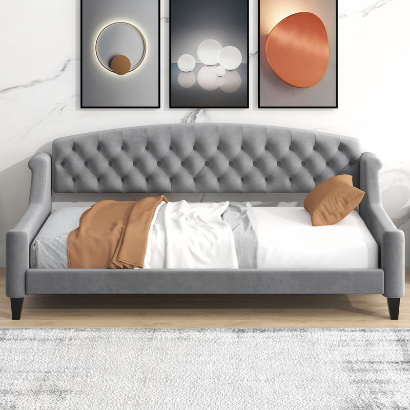 Lit de jour capitonné moderne de luxe avec taille simple et lin gris pour des espaces de vie élégants et fonctionnels