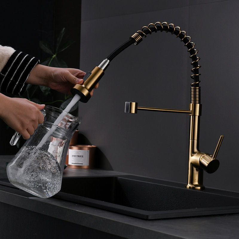 Robinet d'évier de cuisine doré avec pièce rétractable, poignée à levier unique, rotation à 360 degrés, bec arqué haut, robinet en céramique, levier à poignée en laiton, pivotant à 360 °, luminaire
