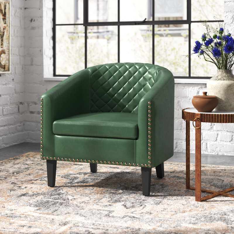 Boney 29" W Stain Resistant Faux Leather Tufted Barrel Chair, Green Performance Faux Leather