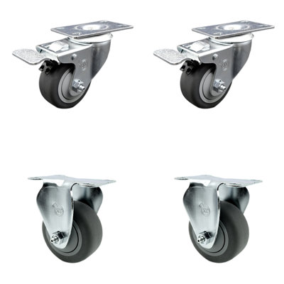 3.5 Inch Thermoplastic Rubber Swivel Top Plate Caster Set 2 Lock Brakes 2 Rigid