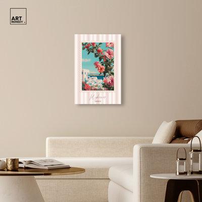 «Mykonos Travel Stamp», reproduction d'art sur toile par Art Remedy, galerie tendue, 24 x 36