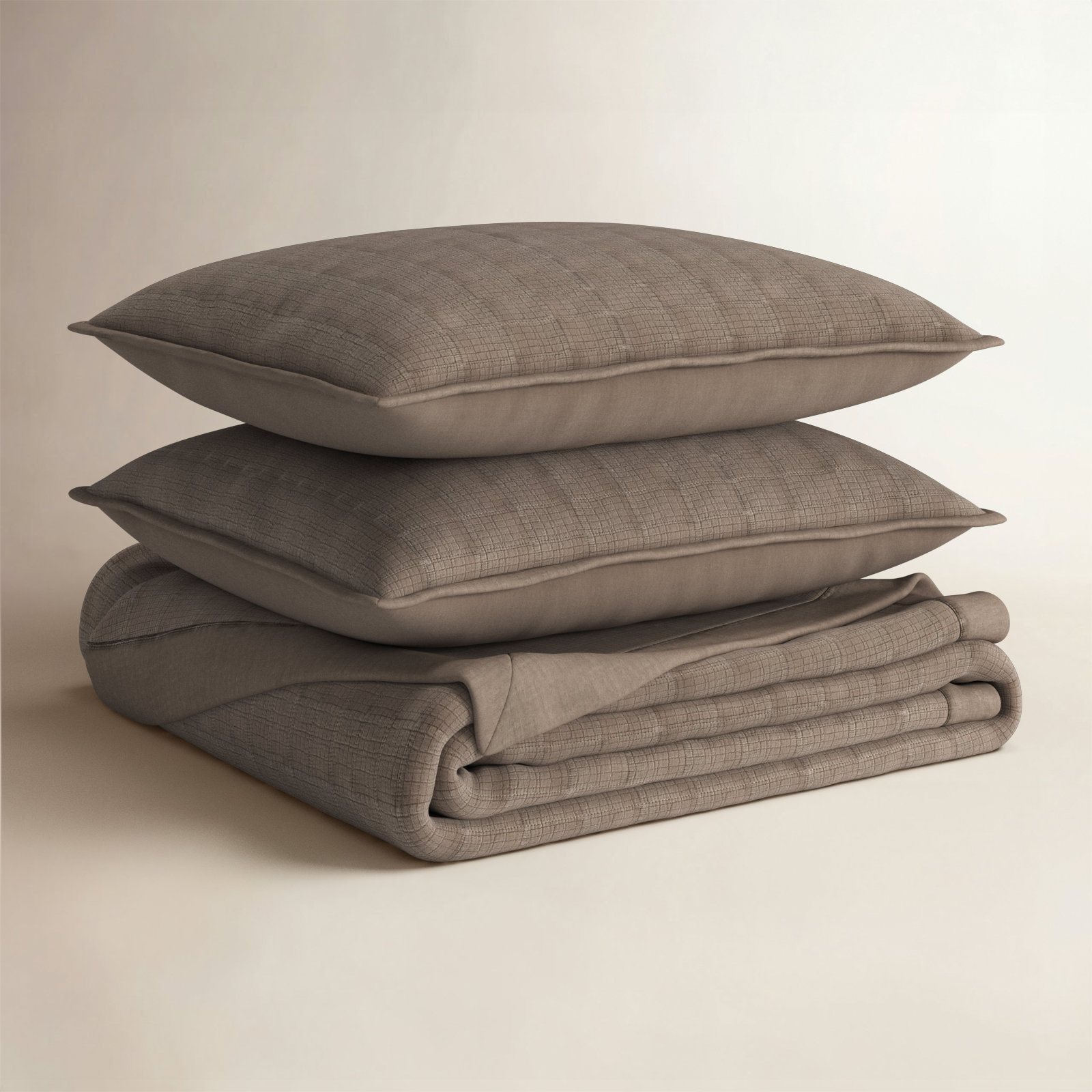 Stonewashed Crinkle Cotton Box Stitch Quilt Set, Mocha Brown, King Quilt + 2 King Shams