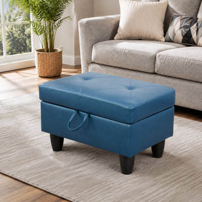 Banc de rangement avec repose-pieds, similicuir piqué et capitonné, bleu