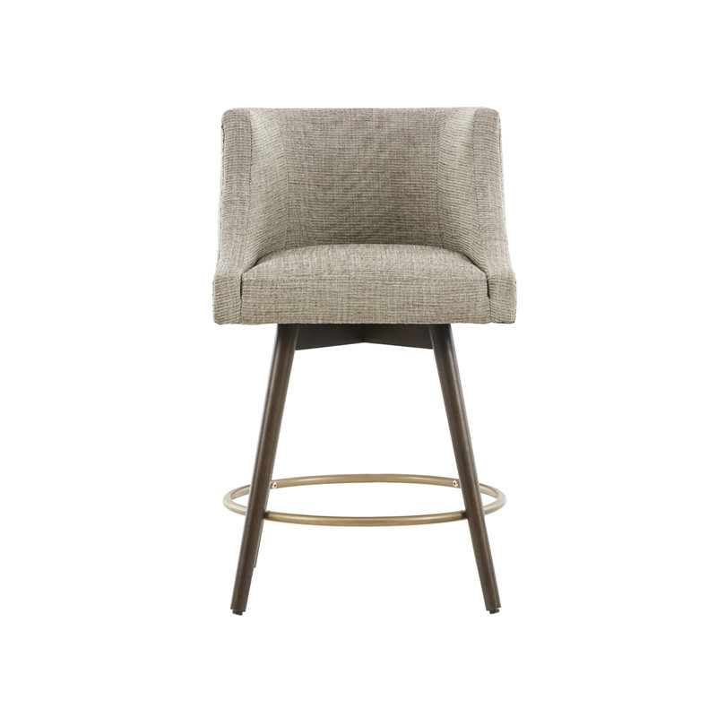 Chaise de comptoir pivotante à 360 ° - tissu beige, pieds en bois massif café foncé, siège pivotant bronze antique, revêtement, pieds