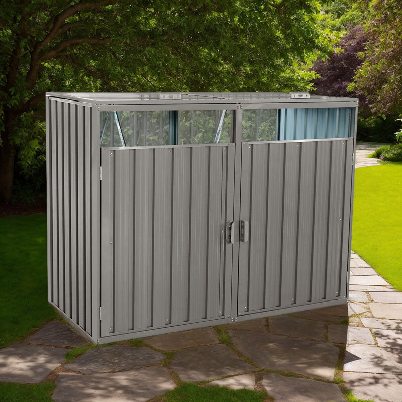 Metal Outdoor Garbage Bin Shed with Lockable Doors and Lift-Up Lids, Galvanized Steel Storage for Garden or Yard, Gray