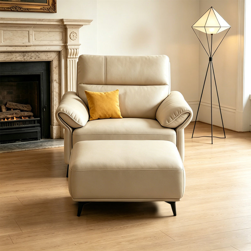 Creamy white Genuine Leather cushion Arm Chair with Ottoman