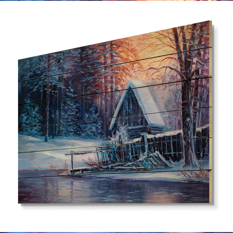 «Old Cabin in Winter River», impression sur bois sans cadre, H 12 po x l 20 po x P 1 po