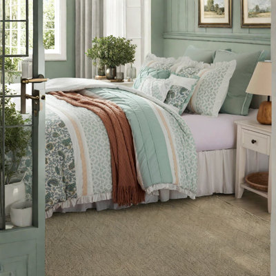 Luxurious 9-piece Cotton Bedding Set, Aqua, Farmhouse Chic Comfort