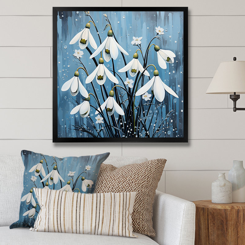 Minimalisme bleu et blanc Snowdrops Bloom II - impression, H 24 po x l 24 po x P 1 po, Cadre simple noir