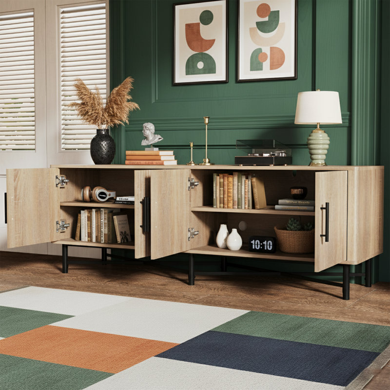 Meuble télé 66 pouces de large pour téléviseur de 65 po ou moins, console multimédia moderne à 4 portes avec tablettes réglables et pieds en métal