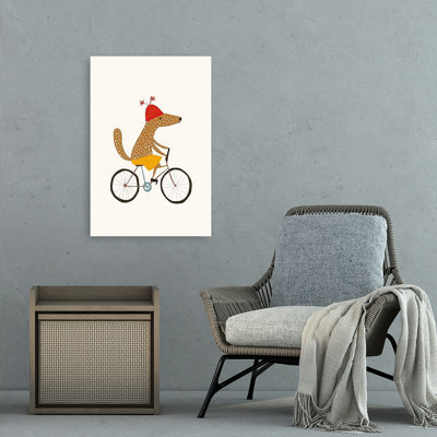 Cute Fox On Bicycle Contemporary Deer Fox Forest Wall Art Print by Mathieu - Wrapped Canvas Print